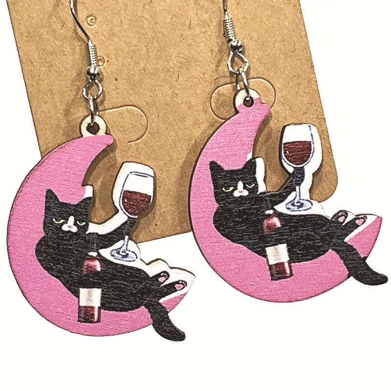 Wholesale Retro Wooden Cat Earrings For Wine Lovers Party Jewelry Accessory
