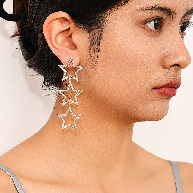 Wholesale  Rhinestone Earrings Five-pointed Star Multi-layer Fashion Elegant Earrings