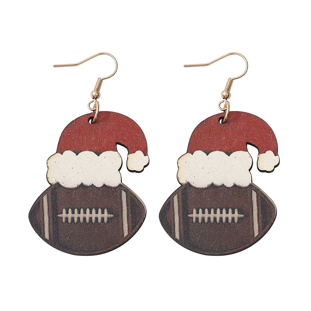 Wholesale Christmas Santa hat rugby pendant earrings wooden double-sided earrings