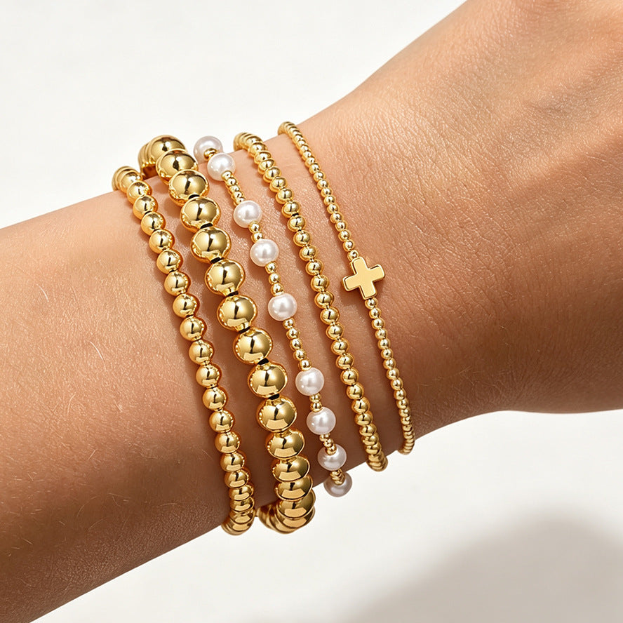 Wholesale Women' s Gold-Plated Contion Pearl Bead Elastic Bracelet Set - Fashion Jewelry Accessory