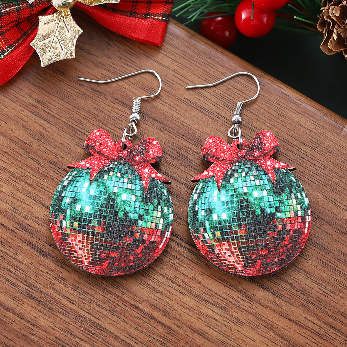 Wholesale Christmas and New Year bow traffic light ball pendant earrings wooden