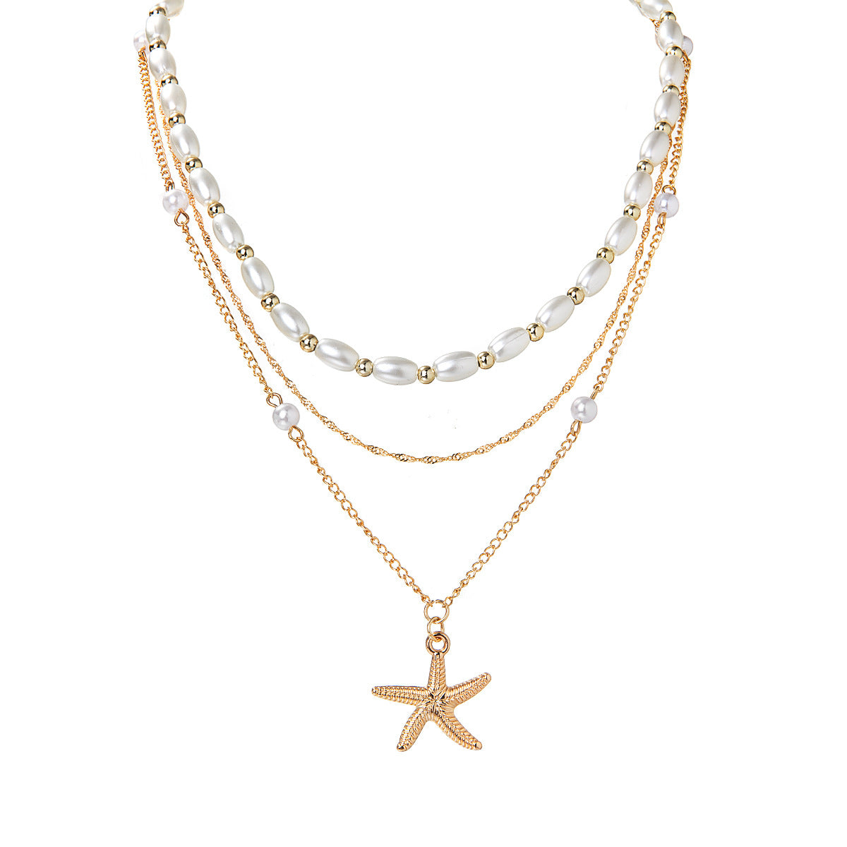 Wholesale Stacking style alloy starfish pendant pearl gold bead three-layer adjustable necklace