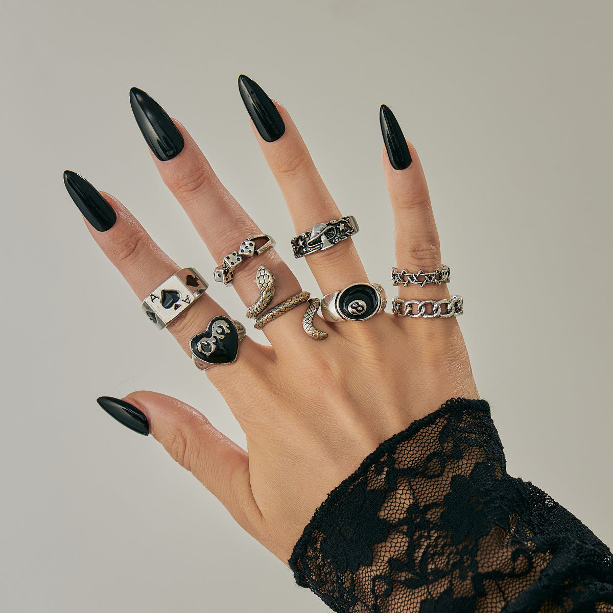 Wholesale Alloy Antique Silver Ring Set  Gothic Snake Bat Motif Fashion Accessory