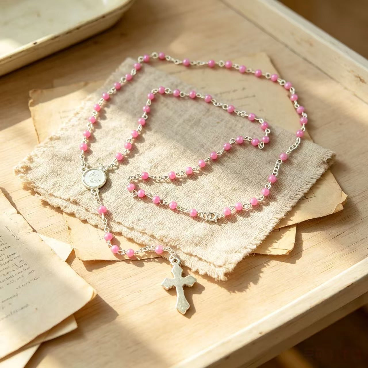 Wholesale Vintage Cross Imitation Pearl Rosary Necklace Fashion Accessory for Layering
