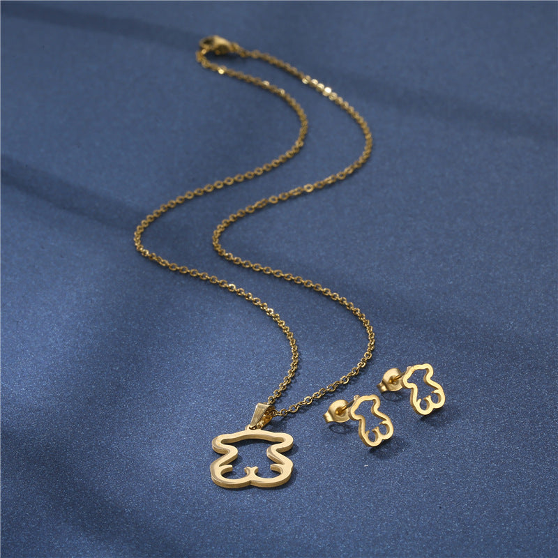 Wholesale Golden Stainless Steel Hollow Glossy Bear Necklace and Earrings Set ACC-ES-MinM002