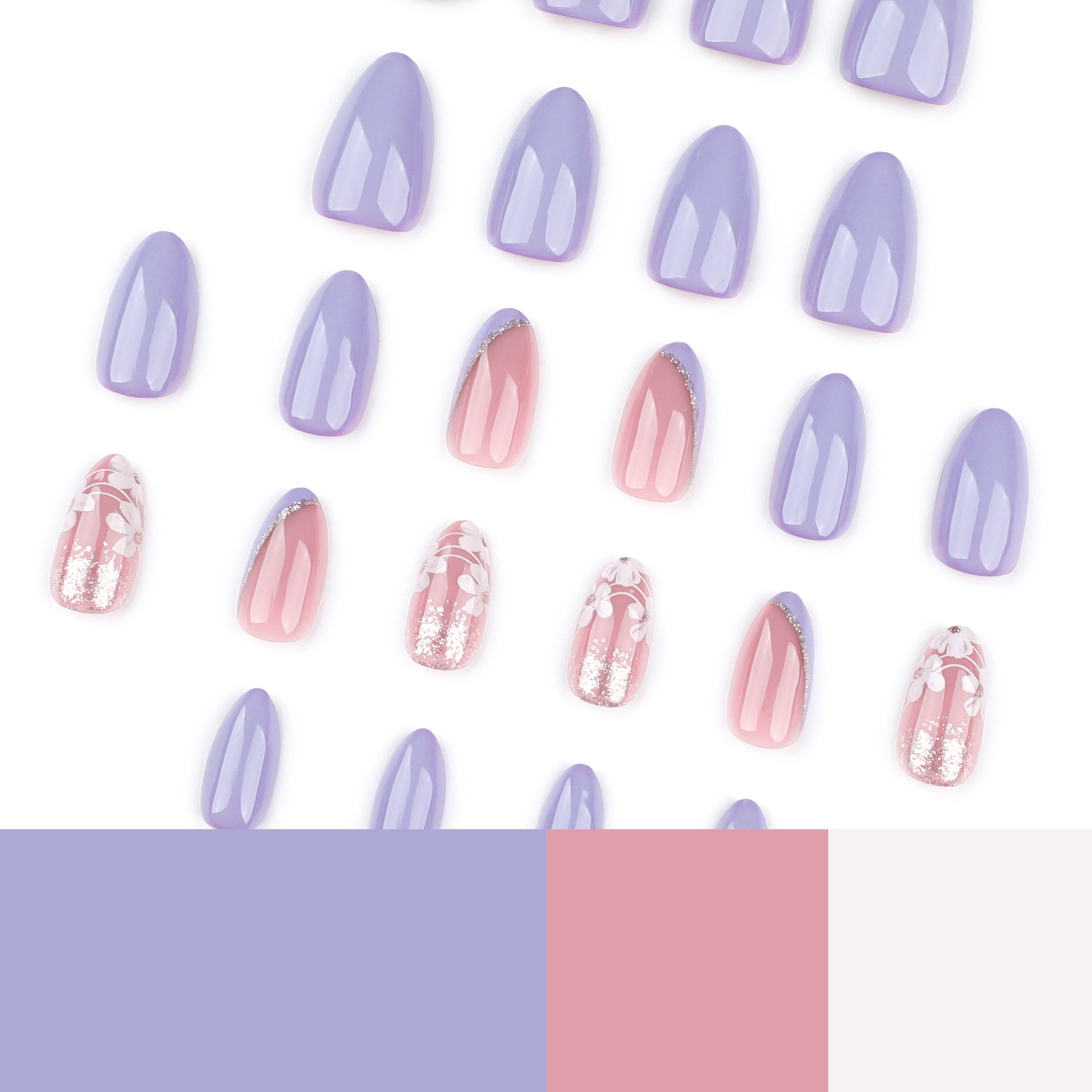 Wholesale 24 Pieces/box Purple Bevel White Flowers Nails Kits Nail Stickers