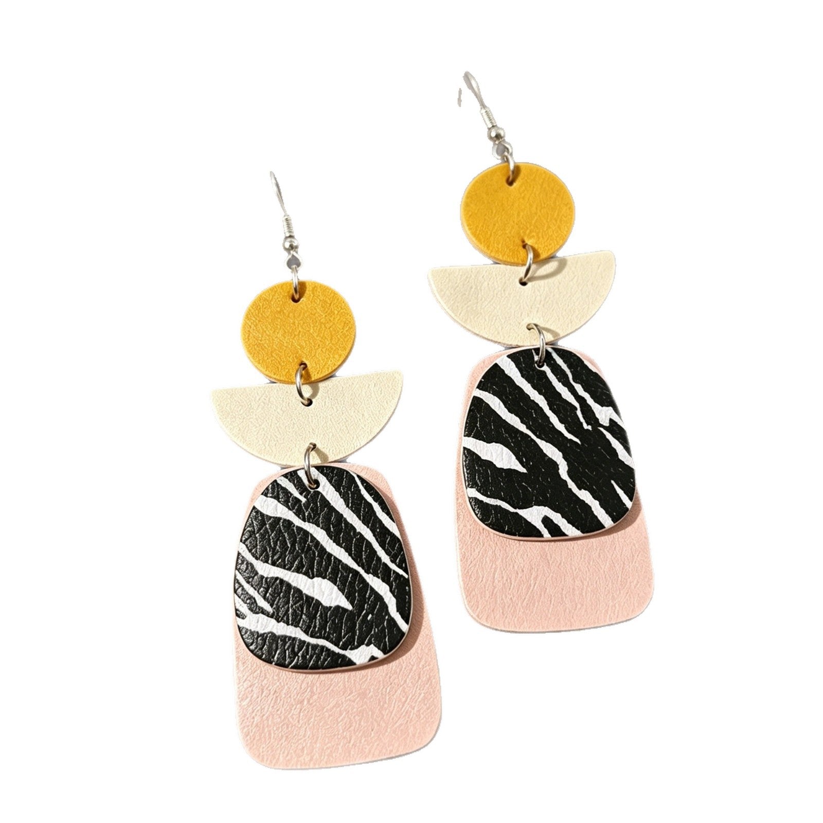 Wholesale Retro Zebra Pattern Faux Leather Earrings - Color-Block Geometric Patchwork Jewelry Accessory