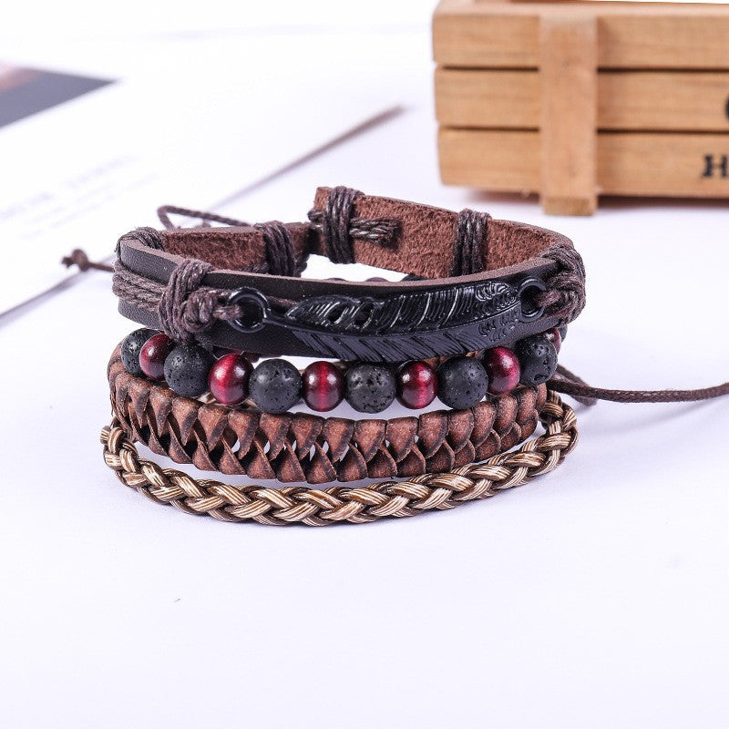 Wholesale Multi-layer Leaves Retro  Volcanic Stone Alloy Feather Leather Bracelet