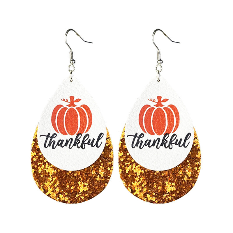 Wholesale 2 Pairs/pack Thanksgiving Day Leather Pumpkin Pie Coffee Turkey Shiny Leather Earrings ACC-ES-HY137