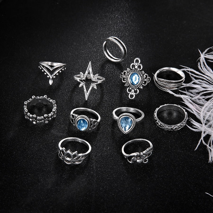 Wholesale Retro Style Diamond-Encrusted Carved 11-Piece Set of Ring Jewelry