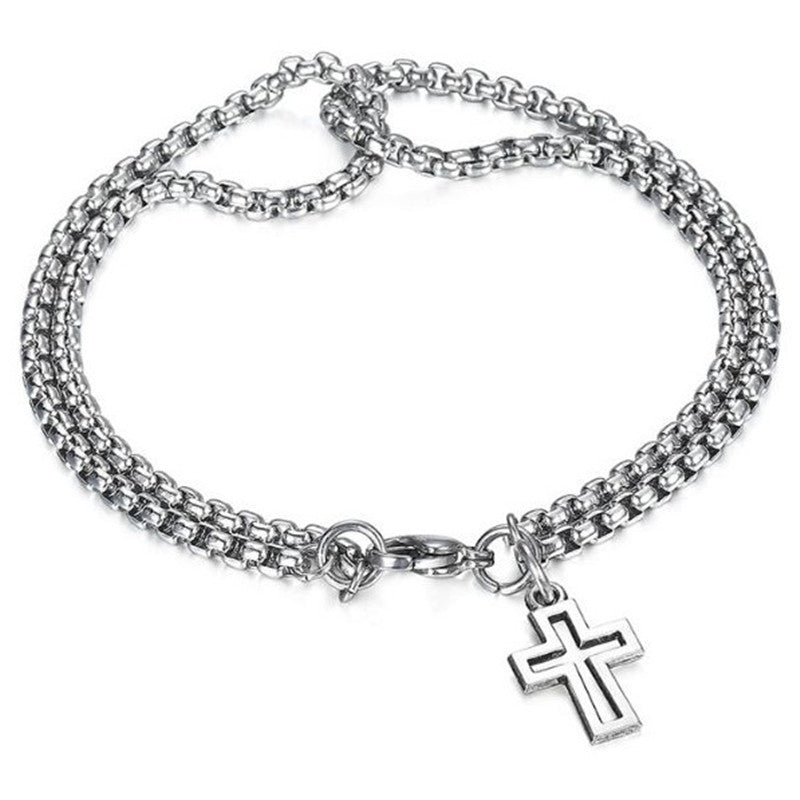 Wholesale Stylish Stainless Steel Cross Hollow Double Chain Bracelet For Men Unisex Geometric Electroplated Design Boutique Resale