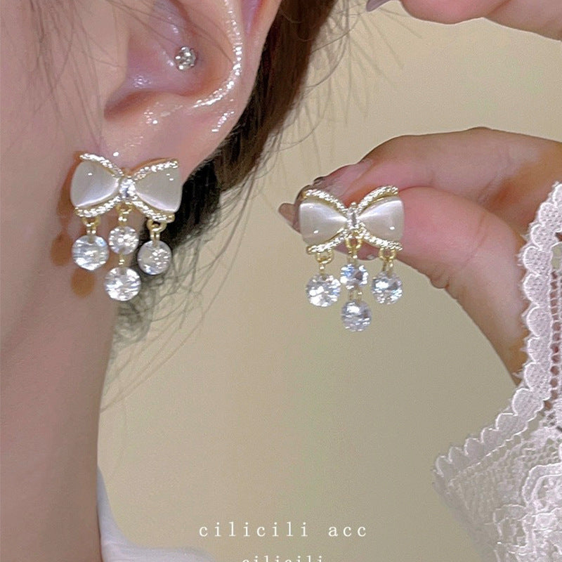 Wholesale 2026 Collection: Women' s Micro-Pavé Zircon Bowknot Earrings — S925 Silver Posts,  Niche-Style High-End Pearl Studs