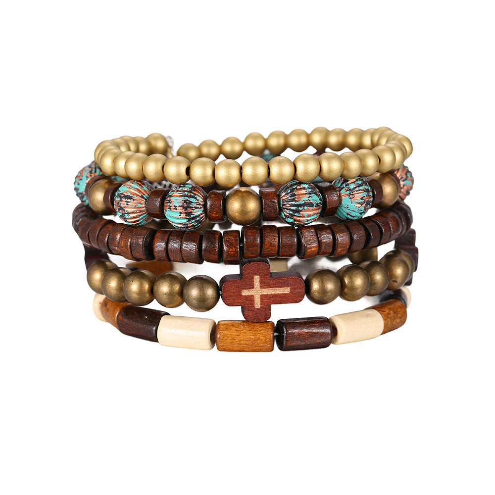 Wholesale Vintage Stacked Turquoise Cross Beaded Pearl Turkish Eye Bracelet Set