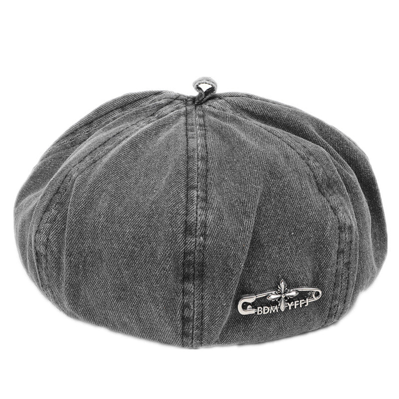 Wholesale Beret  retro washed distressed metal label pin Denim hat