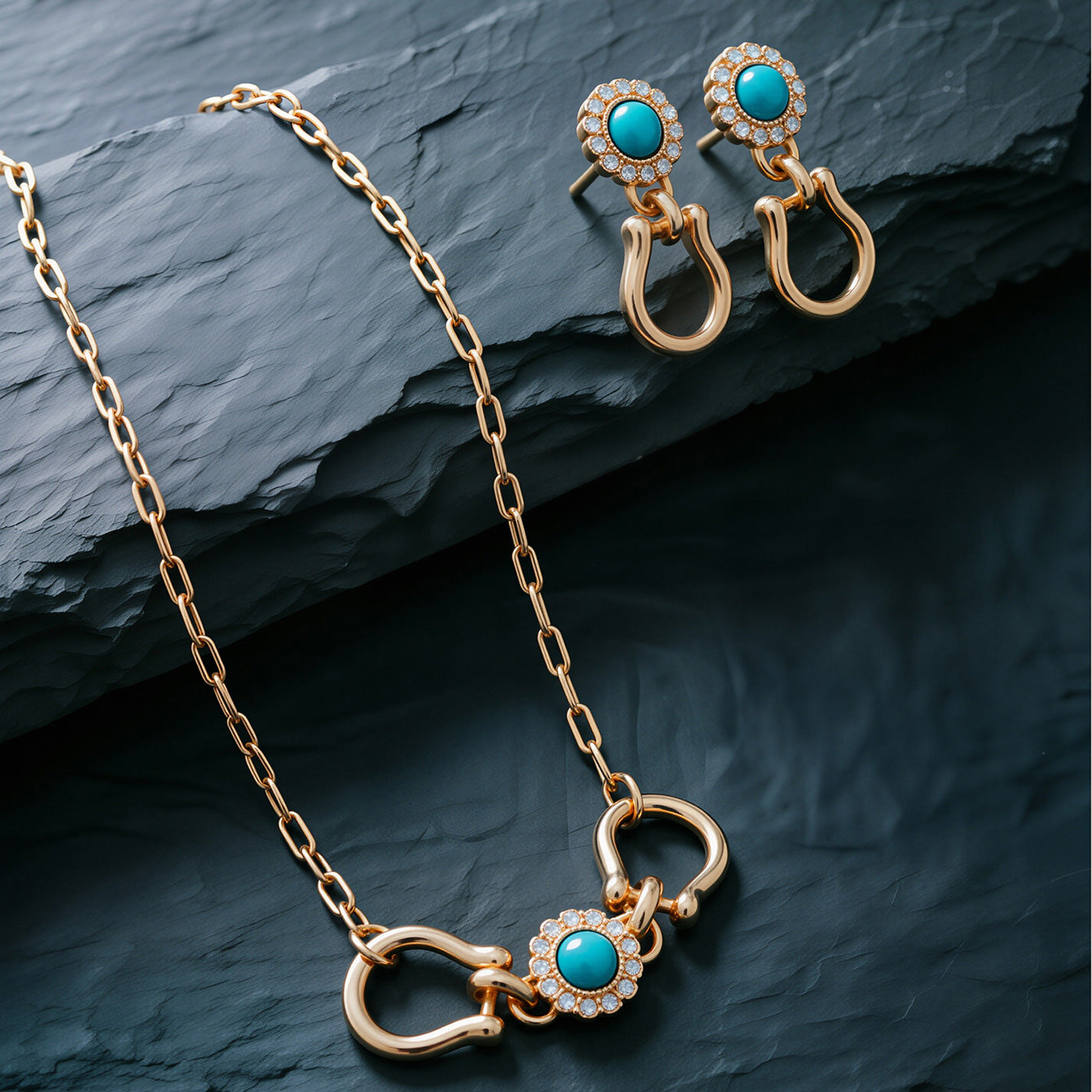 Wholesale Trendy Women S Zinc Alloy Necklace Earring Set Horseshoe Buckle Design Gold Blue Stone Snake Chain Jewelry Accessory