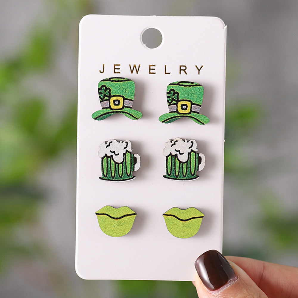 Wholesale St. Patrick's Day green clover horseshoe rainbow hat earrings set