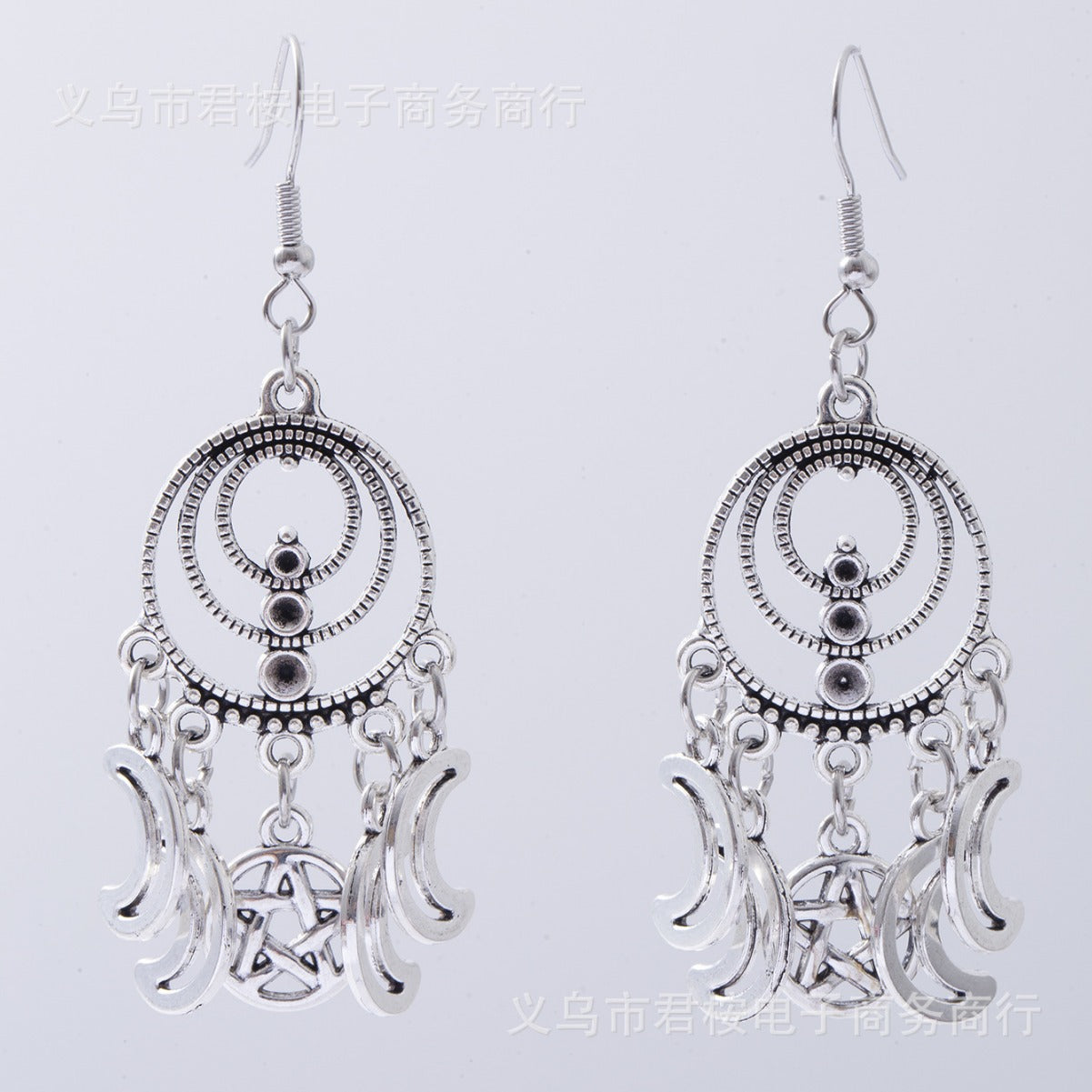 Wholesale Silver Moon and Star Pendant Earrings - Gothic Bohemian Style Fashion Accessory for Everyday Wear