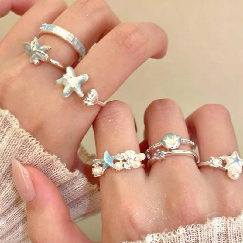 Wholesale Stylish Blue Starfish Shell Open Ring For Women Seaside Vacation Adjustable Size Zinc Alloy Jewelry Gift