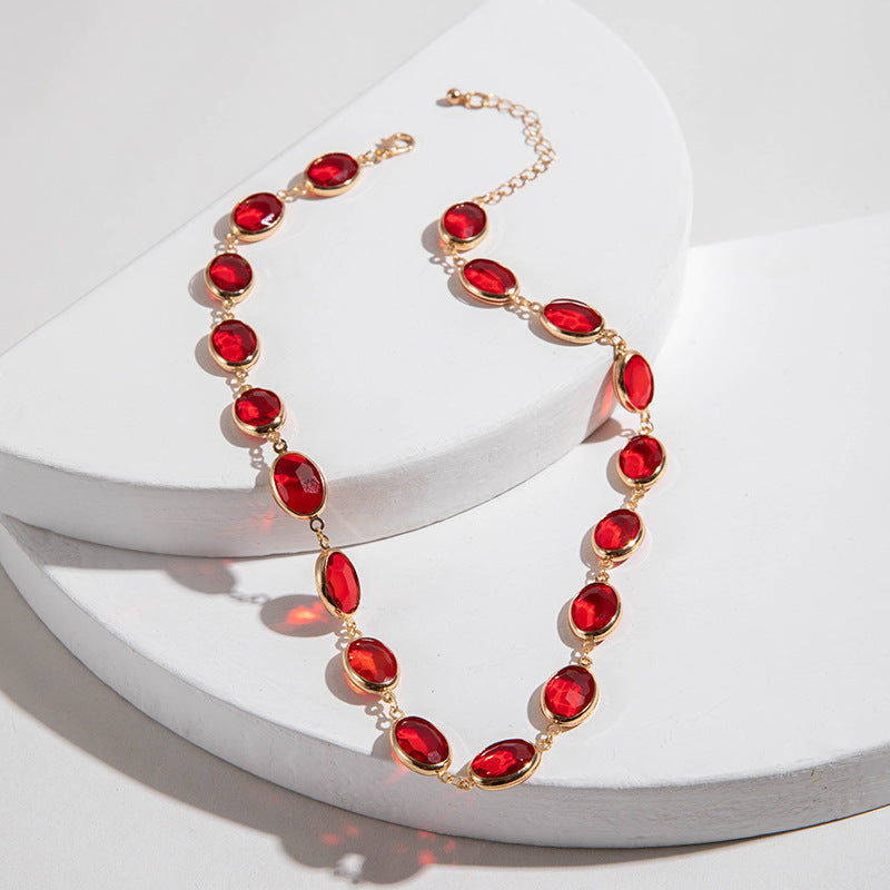 Wholesale Retro Red Diamond Clavicle Geometric Oval Necklace