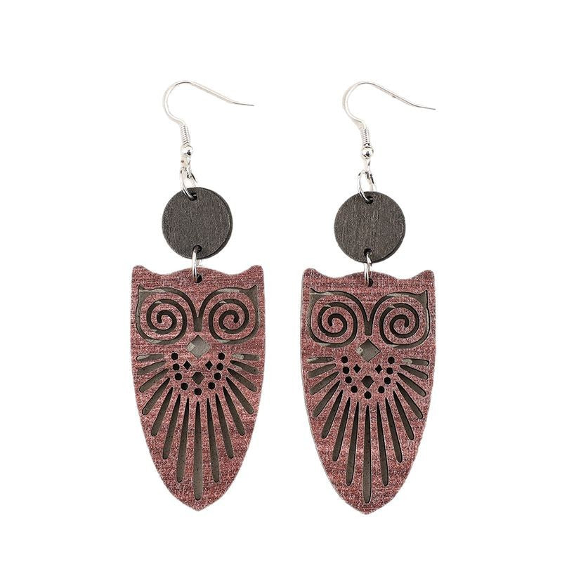 Wholesale Ethnic retro hollow owl stitching small round wood earrings