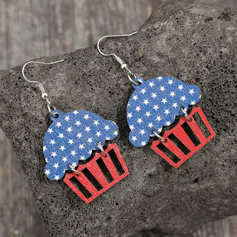 Wholesale American Independence Day Hollow Cake Five-pointed Star Wooden Vintage Earrings