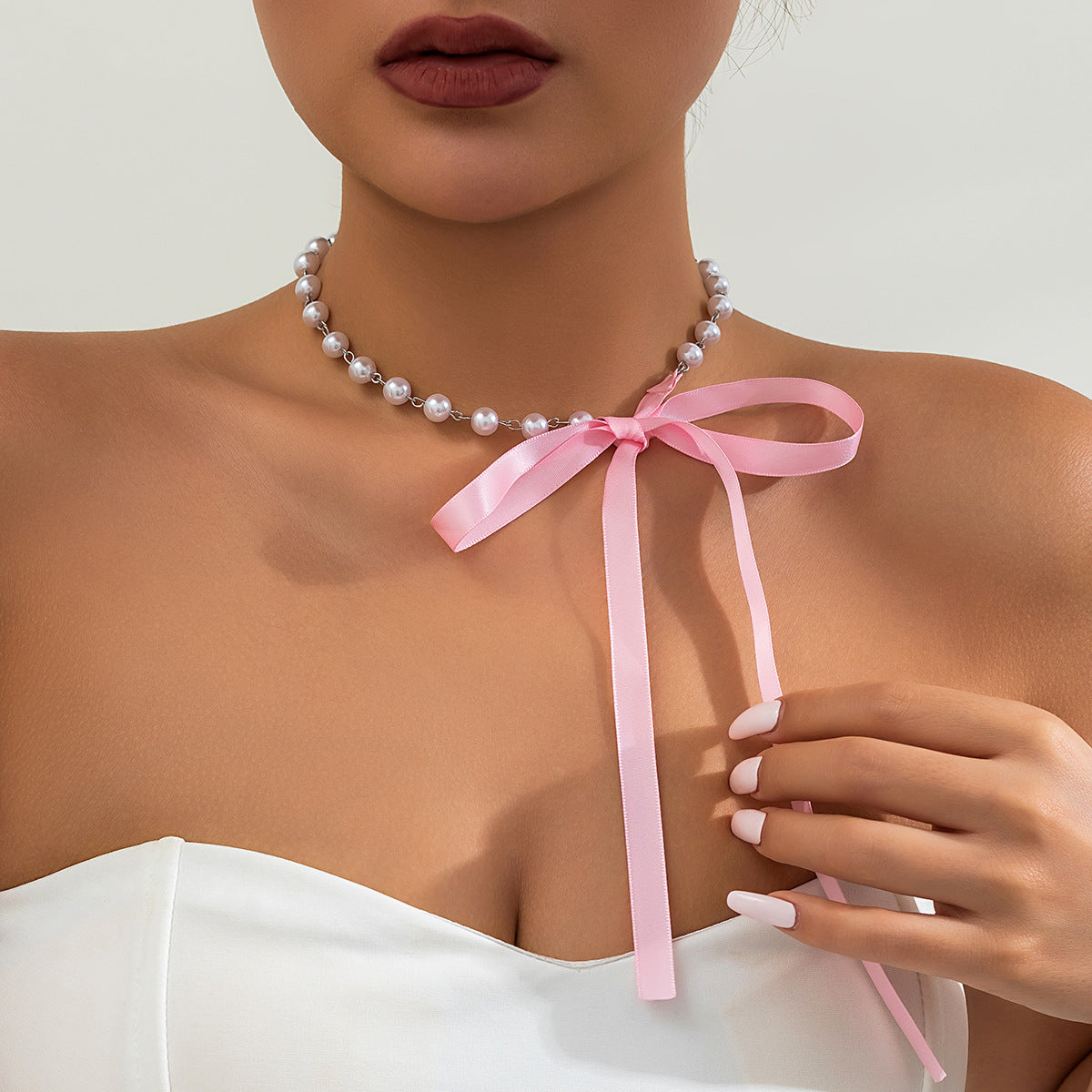 Wholesale Bow Webbing Pearl Necklace Clavicle Chain Bow Necklaces Choker Necklace ACC-NE-DN002
