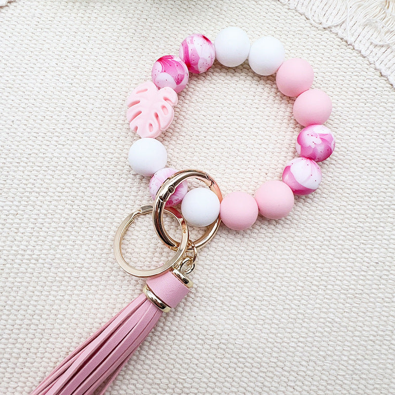 Wholesale Leaf Silicone Printed Silicone Beaded Tassel Keychain ACC-KC-JiuYa019