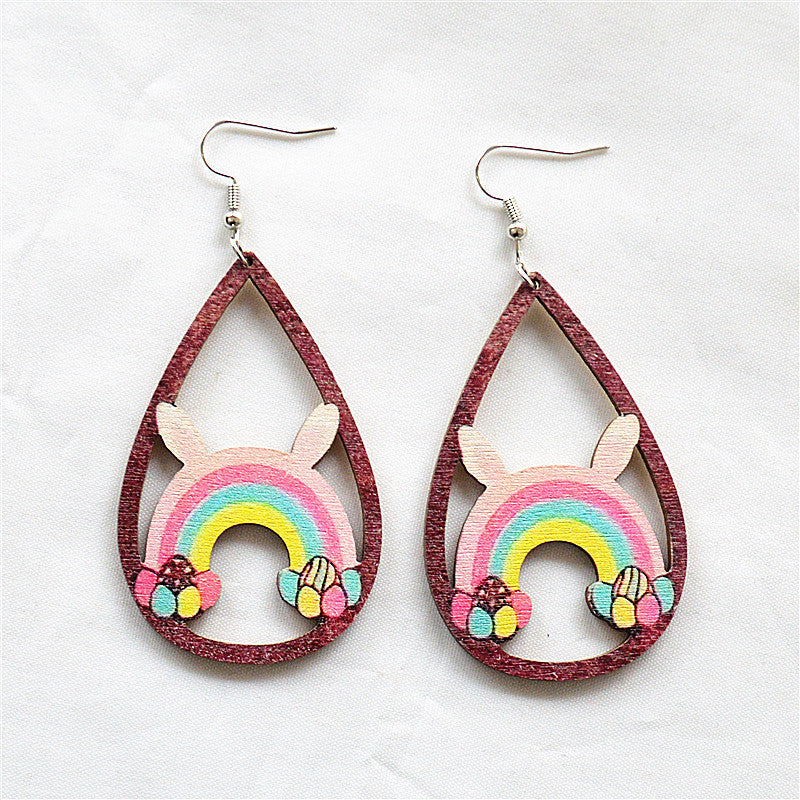 Wholesale Easter Painted Leopard Print Water Drop Hollow Wooden Earrings