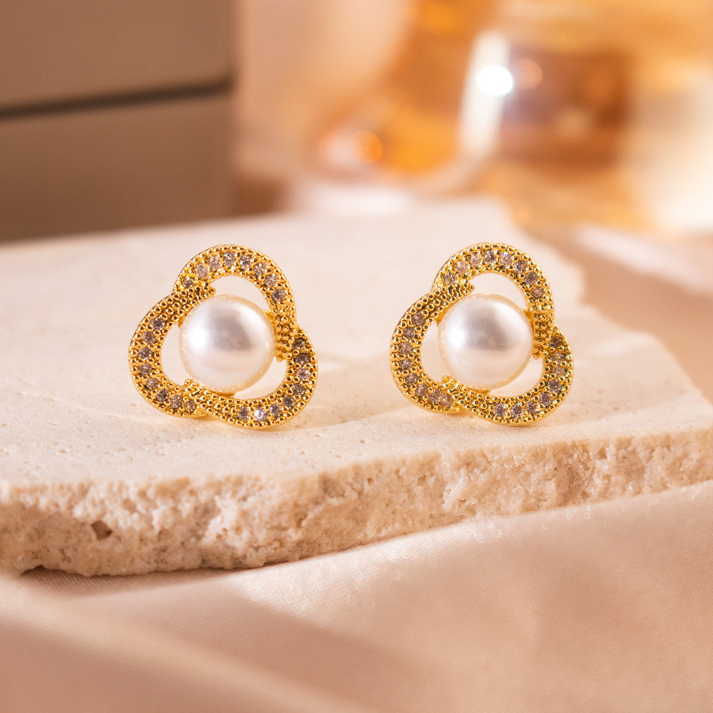 Wholesale Silver Needle Zircon Clover Pearl Earrings