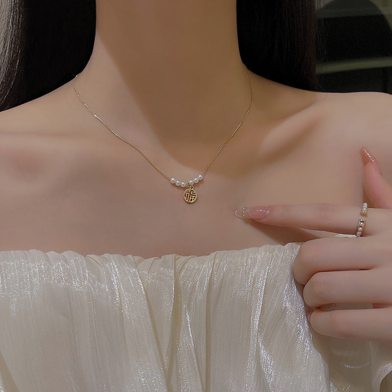 Wholesale Vintage Titanium Steel Necklace Pearl Pendant Clavicle Chain ACC-NE-Sengw003