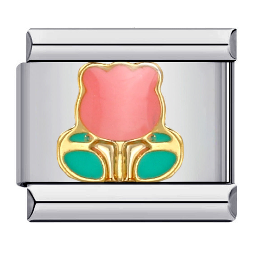 Wholesale flower series titanium steel bracelet welding pattern oil drop DIY Italian module Charms