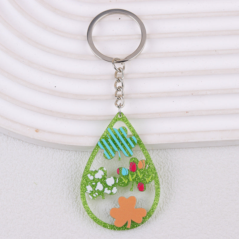 Wholesale St.Patrick Fine Flash Clover Acrylic Creative Hollow Water Drop Hanging Jewelry Keychain