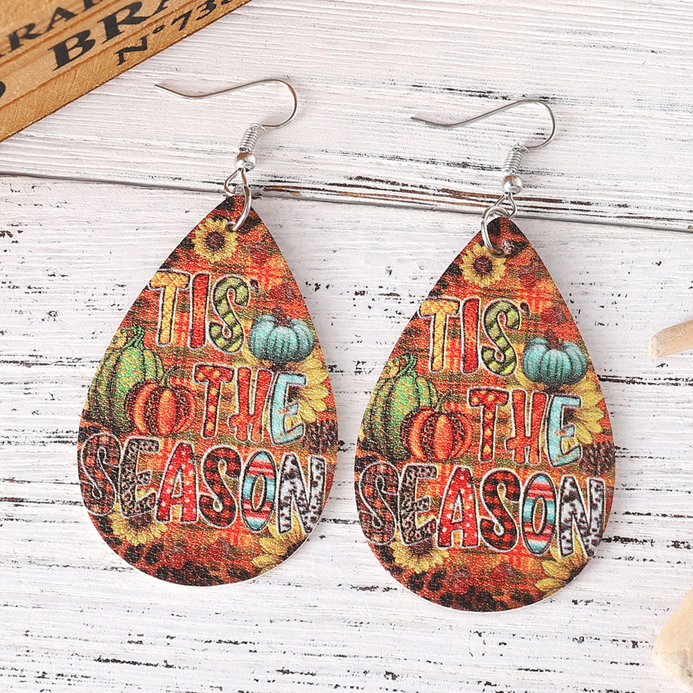 Wholesale Thanksgiving Autumn Harvest Pumpkin Sunflower Leopard Print PU Leather Earrings ACC-ES-ChuLian088