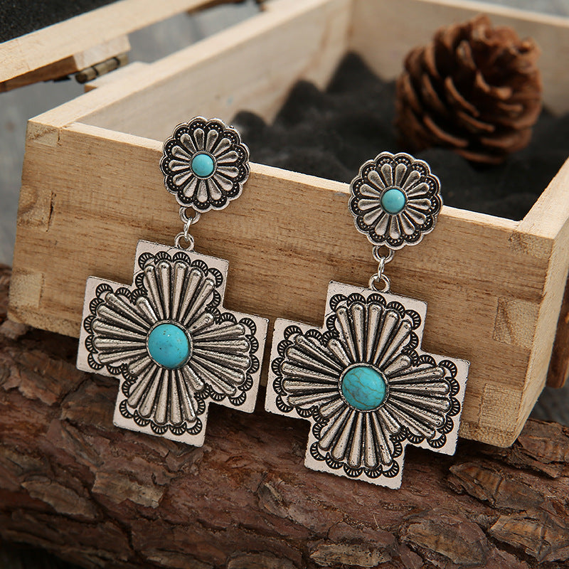 Wholesale Retro Western Turquoise Cross Earrings Alloy Electroplated Chic Jewelry Accessory Gift