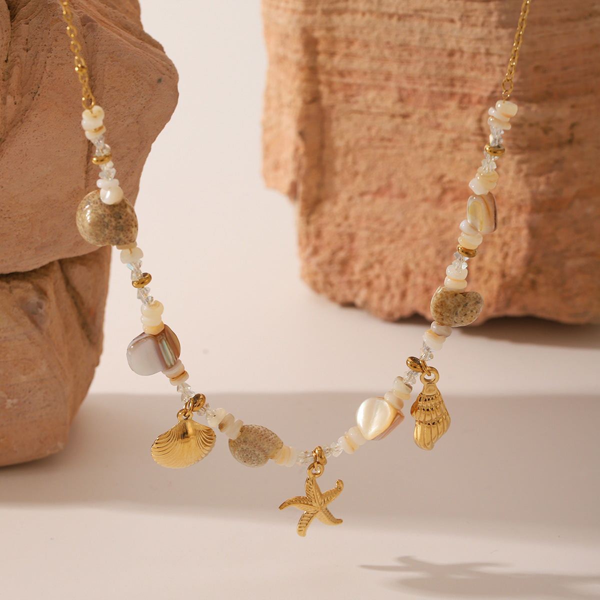 Wholesale Summer Beach Bohemian Design Starfish Shell Stitching Titanium Steel Necklace