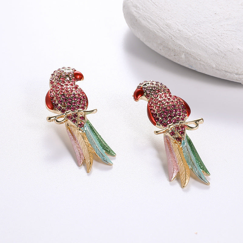Wholesale Full Diamond Parrot Stud Earrings for Women Trendy Bird Jewelry Gift