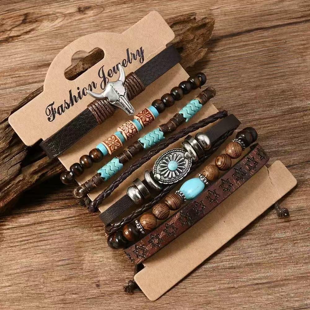 Wholesale Alloy Woven Bohemian Bull Head Bracelet 6 Piece Set Fashion Accessory for Resale