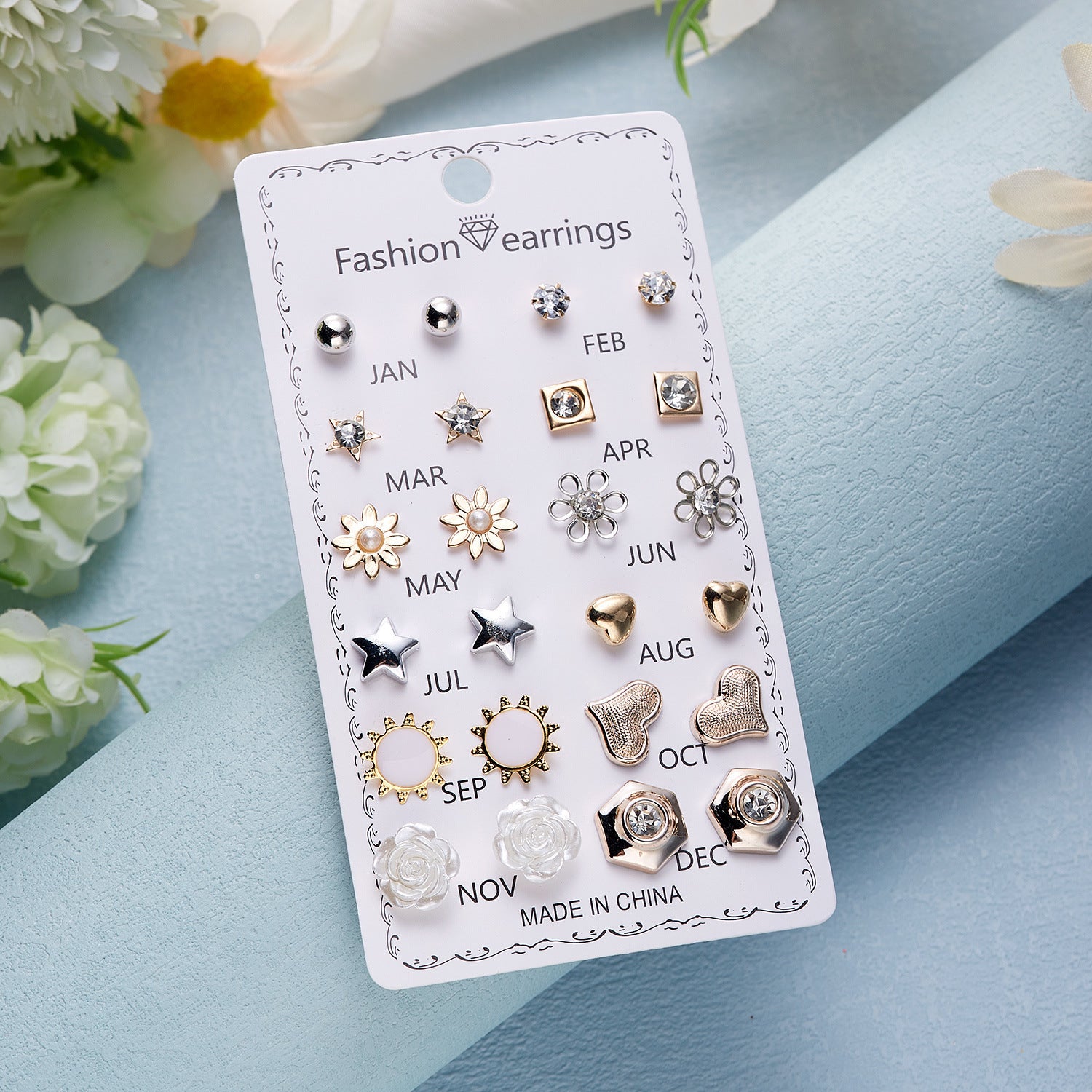 Wholesale 12 Pairs of Flower-encrusted Diamond Combination Clip-on Earrings Set Ear Studs ACC-ES-Chuya001