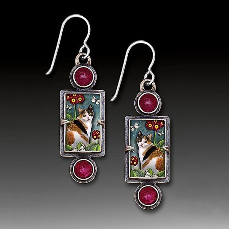 Wholesale  cat pattern geometric earrings  retro rectangular metal inlaid red gem handmade earrings