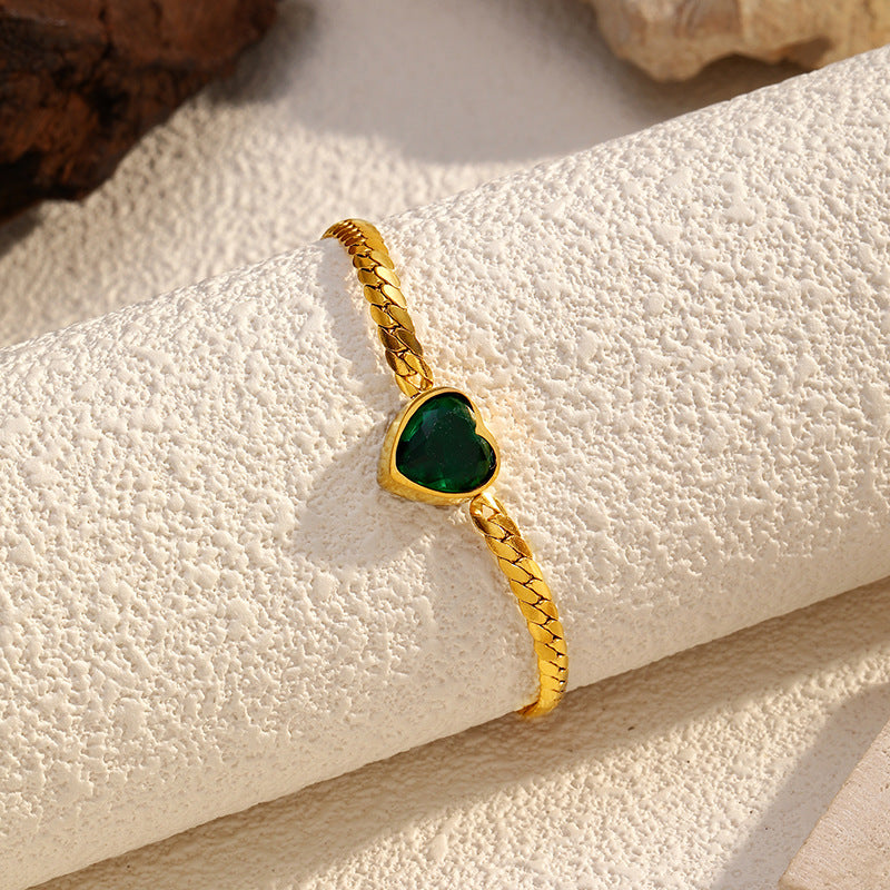Wholesale heart-shaped green zircon  stainless steel bracelet