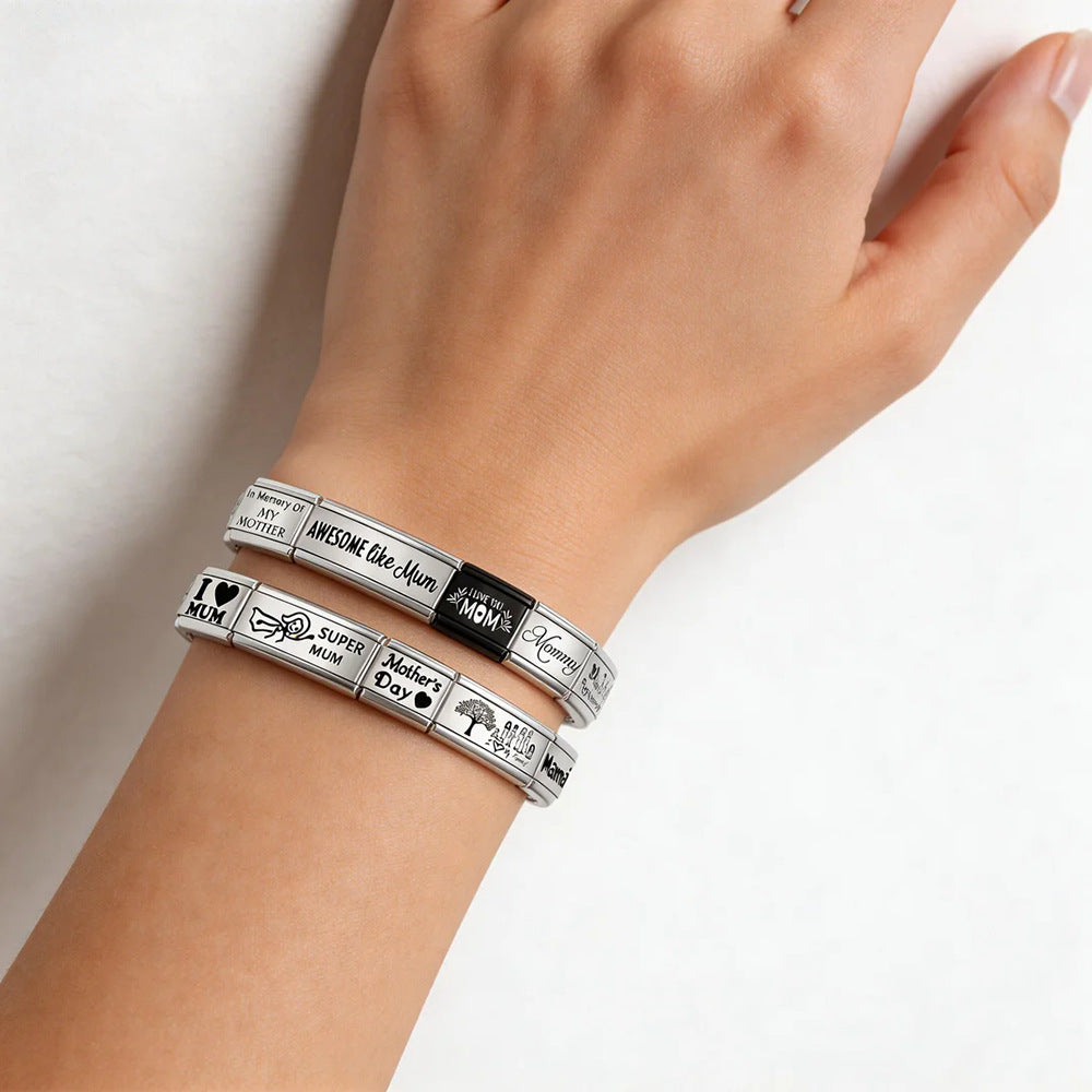 Wholesale Stainless Steel Electroplated Laser-Engraved Mother' s Day Bracelet,  DIY Splicing Elastic Boutique Resale Jewelry