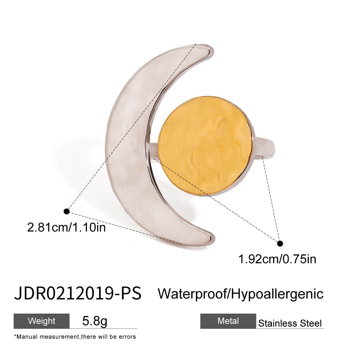 Wholesale  18K Gold Stainless Steel Hammered Moon and Sun Adjustable Open Ring