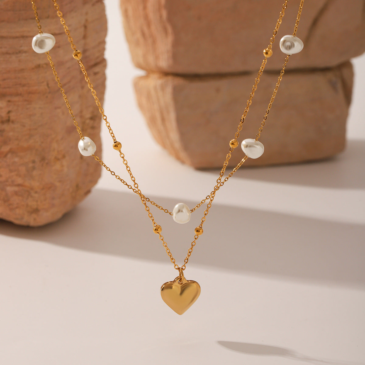 Wholesale  Stainless Steel 18K Gold Heart-Shaped Pendant Pearl Chain Ball Chain