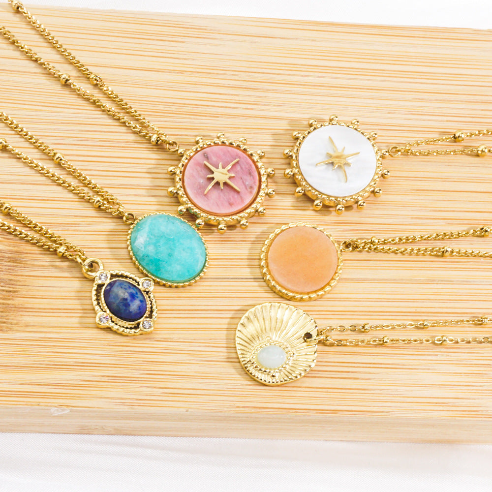 Wholesale  Titanium Steel 316L Cut Face Natural Stone Mang Star 14K Gold Necklace