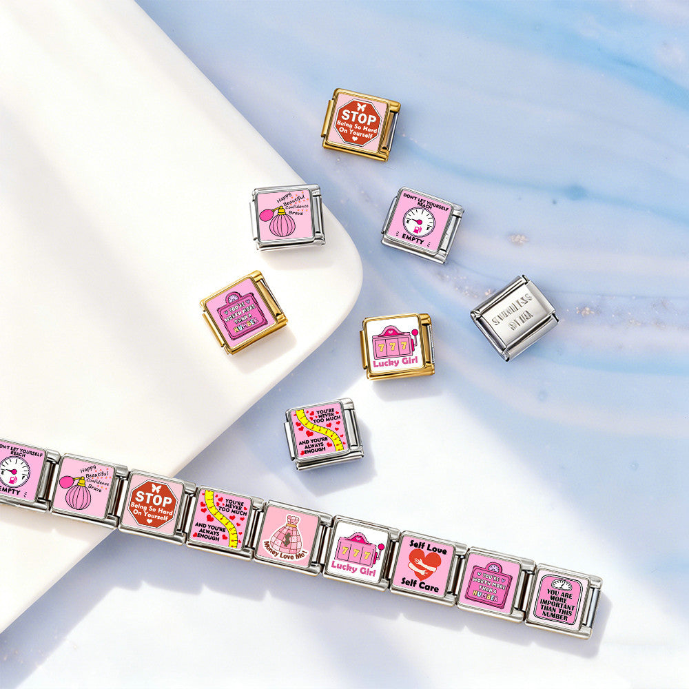 Wholesale Stainless Steel Square Pink Pattern DIY Patchwork Bracelet Fashion Jewelry Gift
