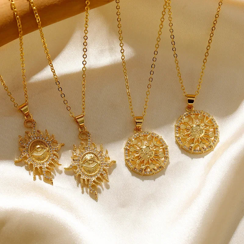 Wholesale  Sunflower Full Diamond Necklace Devil's Eye Stainless Steel 18k Pendant Temperament Clavicle Chain