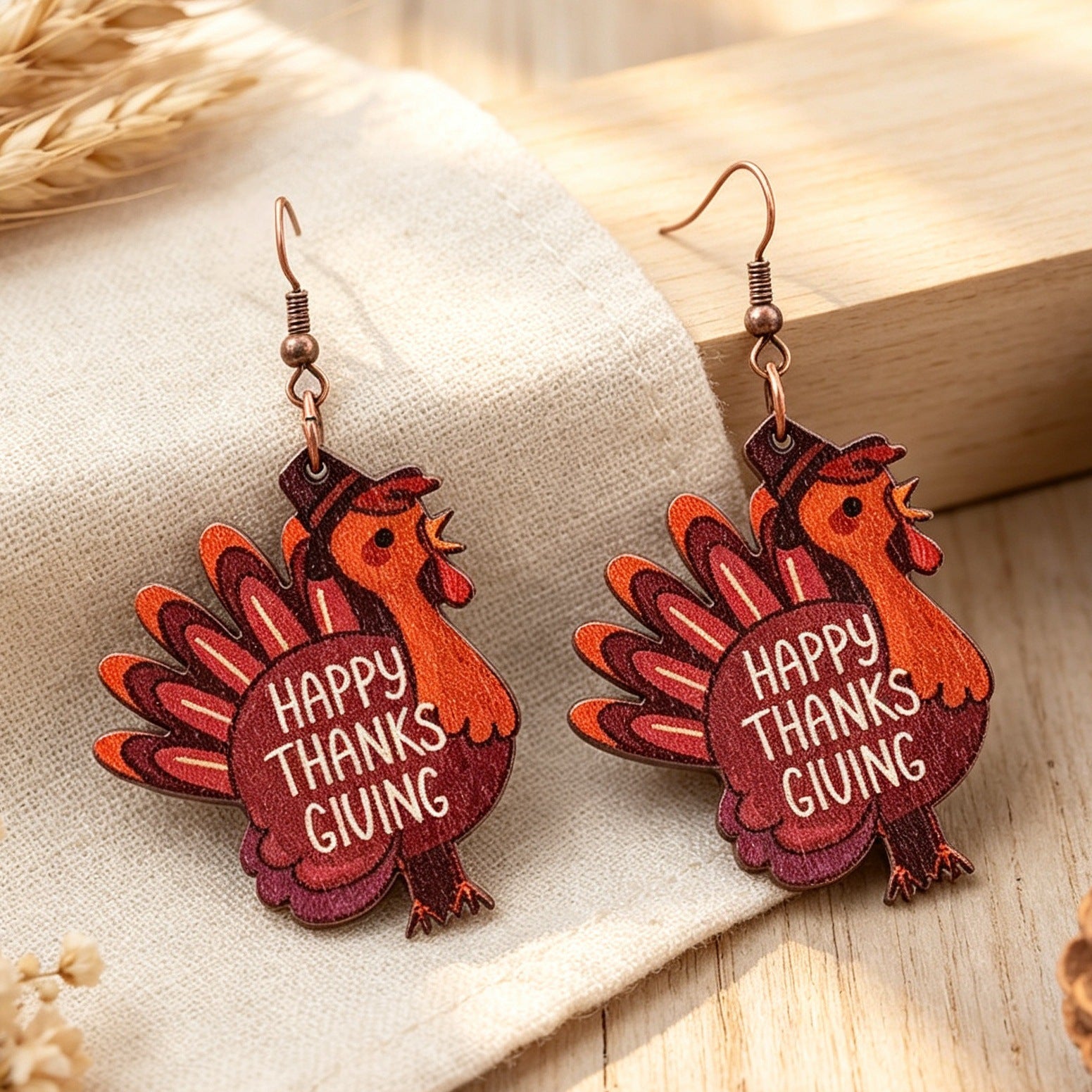 Wholesale Trendy Thanksgiving Turkey Wood Drop Earrings With Happy Thanksgiving Letter Print For Holiday Gift Party