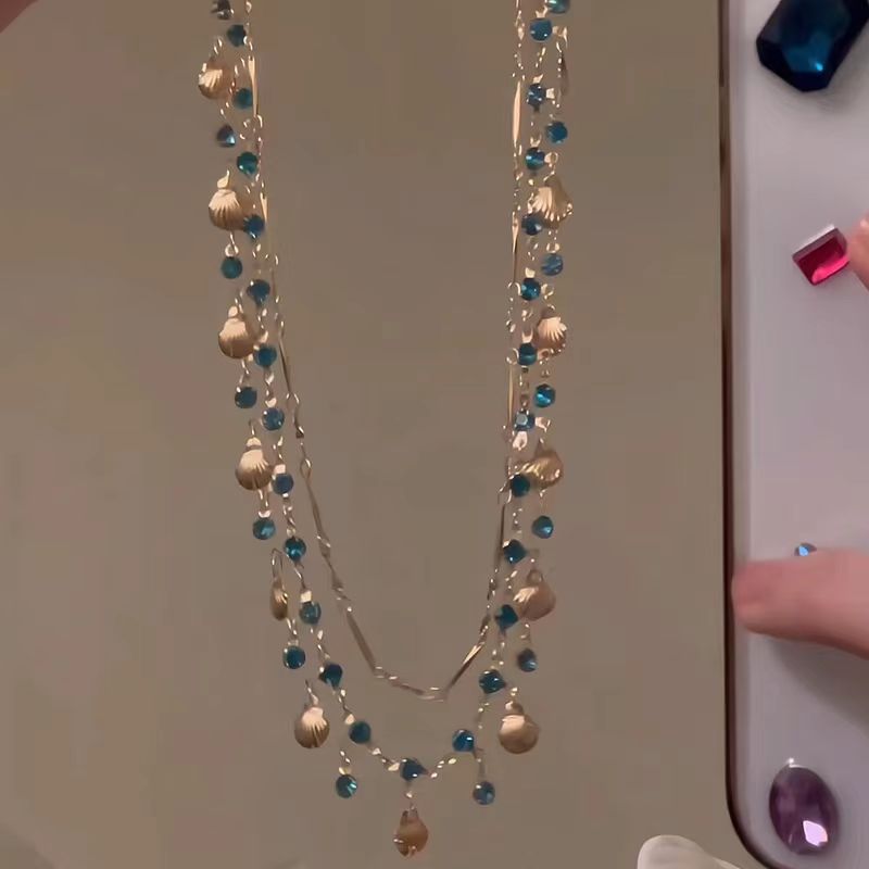 Wholesale French Vintage Double Layer Pearl Necklace Blue Shell Pendant Clavicle Chain Chic Layering Fashion Accessory For Women