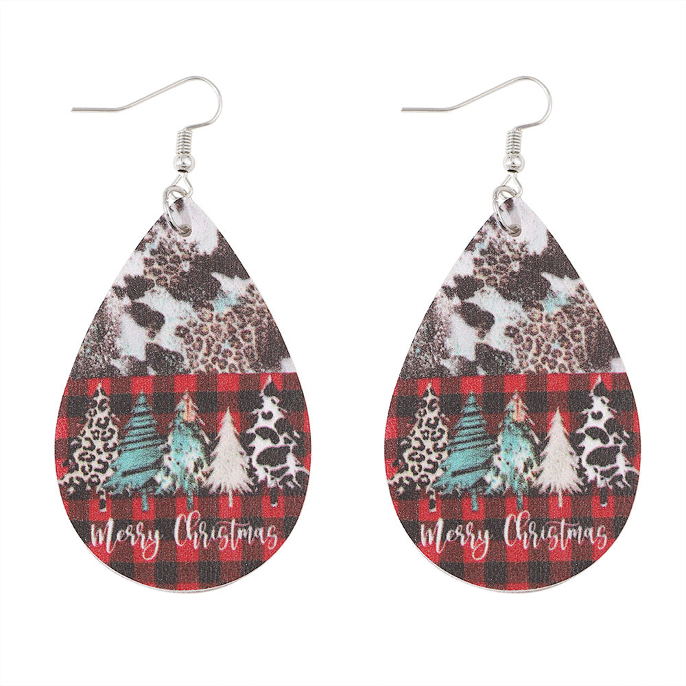 Wholesale Christmas Leopard Cow Plaid Christmas Tree Water Drop PU Leather Earrings ACC-ES-ChuLian068