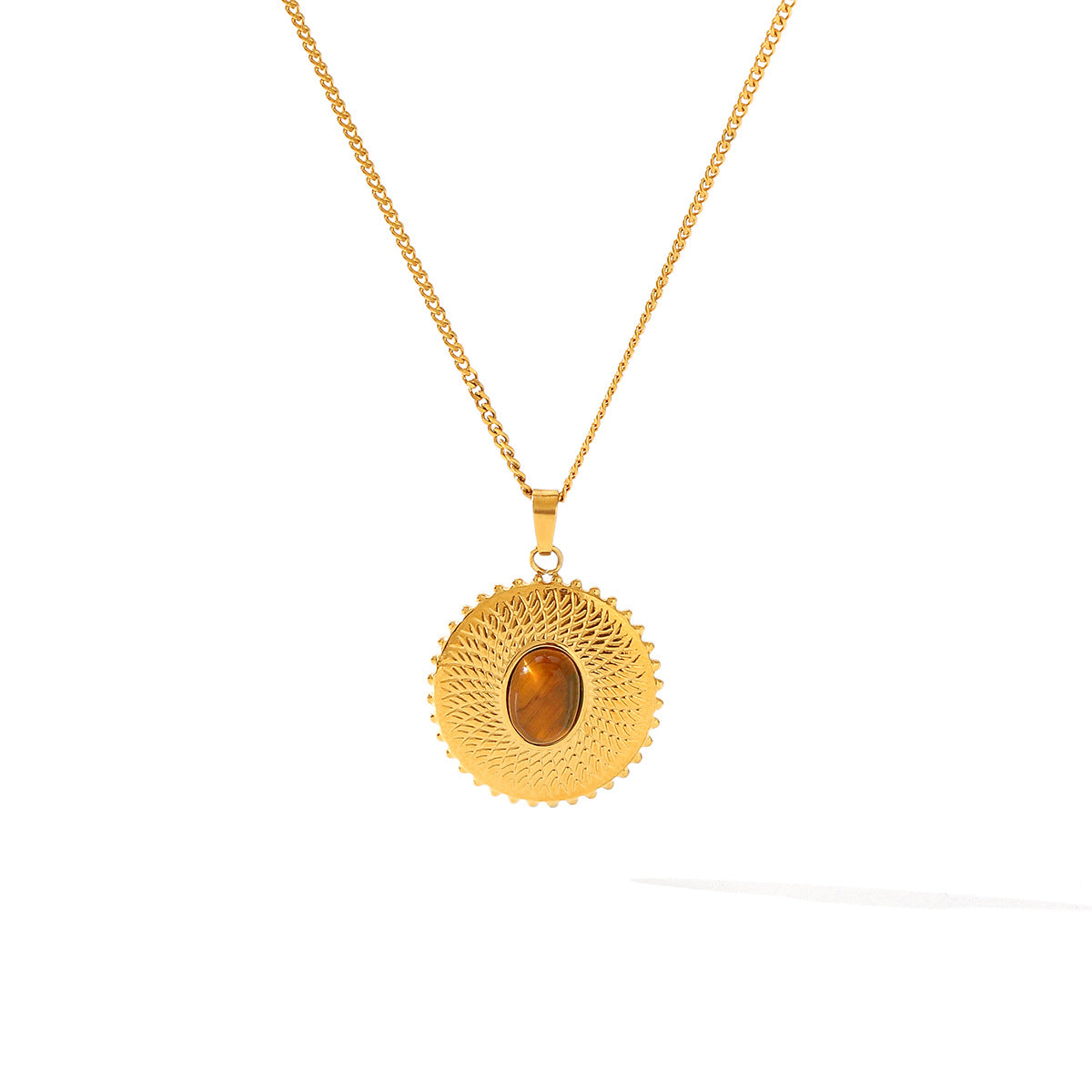 Wholesale  inlaid tiger's eye stone sunflower titanium steel pendant gold non-fading necklace